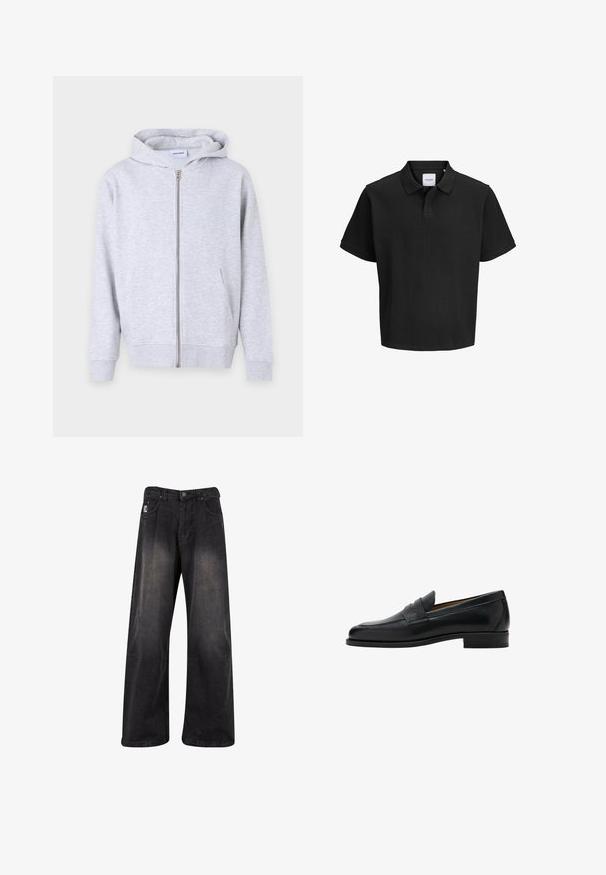 Grijze rits hoodie gemaakt van zachte stof, met een capuchon, voorkeurszakken, ribgebreide manchetten en een rechte zoom.; Zwart poloshirt met korte mouwen en een geribbelde textuur, voorzien van een twee-knopsbies en een kraag, afgebeeld op een witte achtergrond.; Zwarte wijde denim broek met een vervaagde afwerking, uitgerust met een knoopsluiting, vijf zakken en een merkpatch aan de linkervoorzijde.; Zwarte leren penny loafer met lage hak, afgeronde neus en een band over het bovenste deel van de schoen.