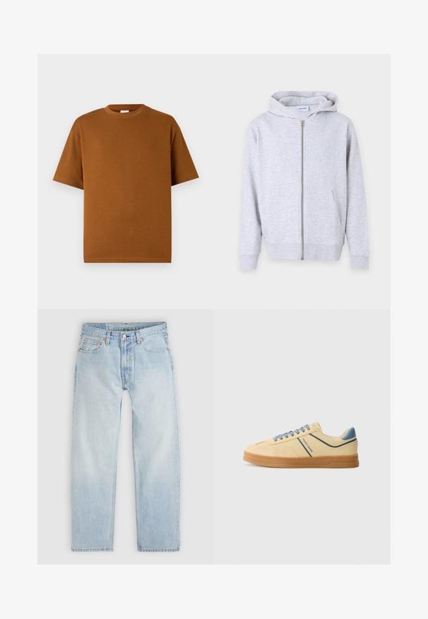 Sivá mikina na zips vyrobená z mäkkého materiálu, s kapucňou, prednými vreckami, rebrovanými manžetami a rovný lemom.; Hnedé tričko s krátkym rukávom vyrobené z mäkkej tkaniny, s okrúhlym výstrihom a uvoľneným strihom so zakoňčením rovno. Bez viditeľných vzorov alebo akcentov.; Svetlomodré riflové nohavice s voľným strihom, ktoré majú päť vreciek, zapínanie na gombíky a jemné detaily v podobe oranžového prešitia.; Žlté semišové tenisky s modrým jazýčkom a šnúrkami, so tmavšími modrými pruhmi a gumovou podrážkou. Jednoduchý, nízky dizajn.