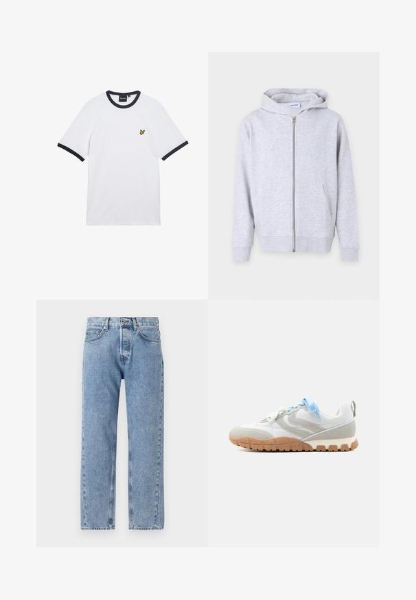 Sudadera gris con cremallera, hecha de tela suave, que presenta capucha, bolsillos frontales, puños acanalados y dobladillo recto.; Camiseta blanca de algodón con cuello y bordes de las mangas en canalé azul marino. Cuenta con un pequeño logo bordado amarillo en el pecho.; Jeans de mezclilla azul claro con un corte holgado, diseño de pierna recta, cinco bolsillos y detalles de costura visibles en las costuras.; Zapatilla blanca y gris claro con cordones azul claro y suela de goma color beige, vista desde el lado exterior sobre un fondo liso.