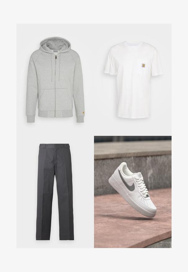 Sweatshirt zippé gris en mélange de coton doux, doté d'une capuche, de poches frontales, de poignets et d'un ourlet côtelés, avec un accent logo doré sur la manche.; T-shirt en coton blanc à manches courtes, avec une poche poitrine et un petit patch logo carré en orange et blanc sur la poche.; Pantalon gris foncé à jambes droites avec un devant plat et sans poches visibles, présenté sur un fond blanc uni.; Baskets blanches Nike Air Force 1 avec logo swoosh gris flottant au-dessus d'une surface en pierre et un mur en pierre gris en arrière-plan.