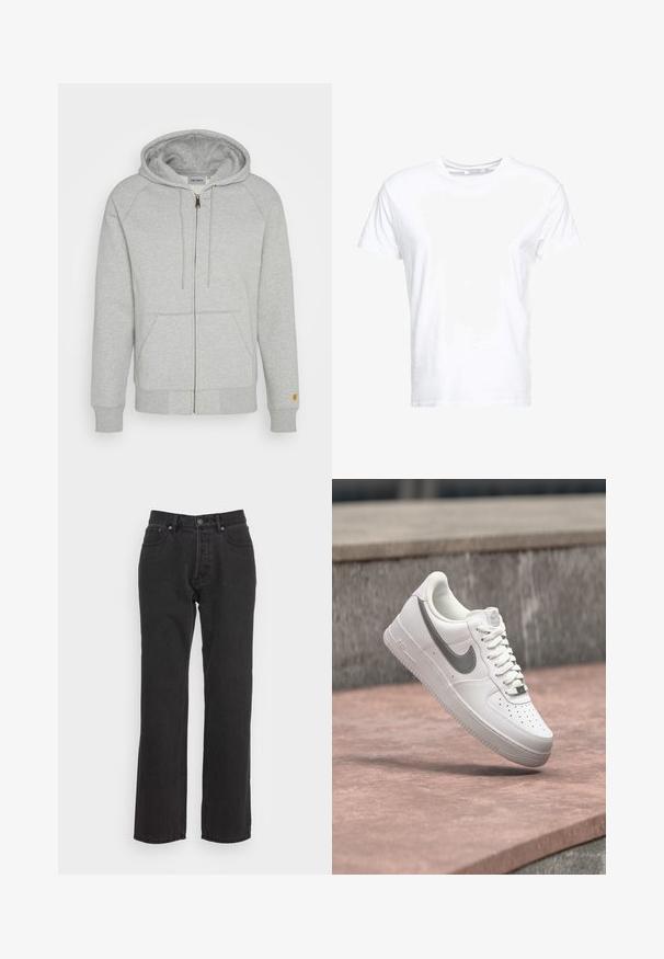 Sudadera gris con cremallera en una mezcla suave de algodón, que incluye capucha, bolsillos delanteros, puños y dobladillo acanalados, con un acento de logo dorado en la manga.; Camiseta de algodón blanca con cuello redondo y mangas cortas, con un corte clásico y una textura suave. Sin patrones ni elementos metálicos visibles.; Jeans de denim negro con un diseño de pierna recta, que cuentan con un cierre de botón frontal, lazos para cinturón y dos bolsillos laterales. Tejido texturizado.; Zapatilla blanca Nike Air Force 1 con logo swoosh gris flotando sobre una superficie de piedra y un fondo de pared de piedra gris.