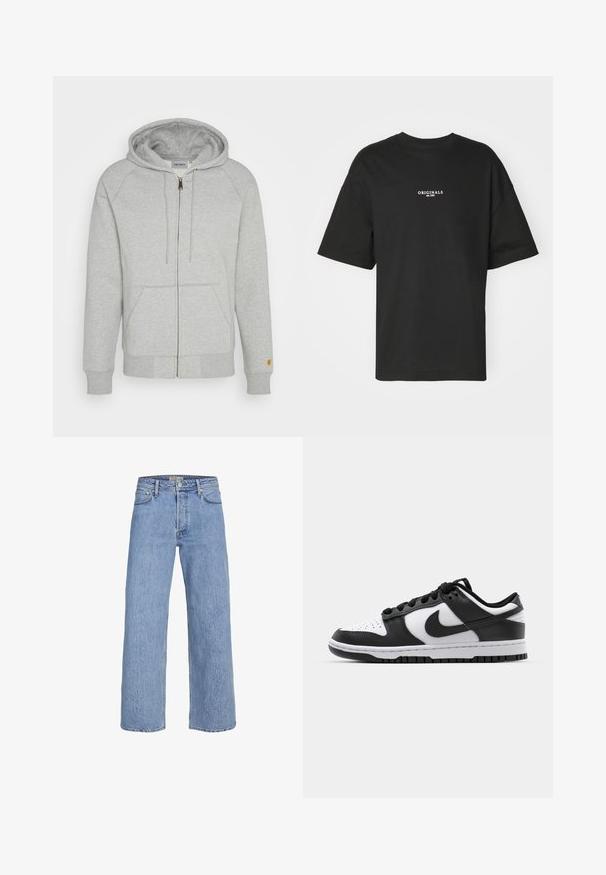 Sudadera gris con cremallera en una mezcla suave de algodón, que incluye capucha, bolsillos delanteros, puños y dobladillo acanalados, con un acento de logo dorado en la manga.; Camiseta negra de manga corta hecha de algodón, con un estampado blanco que dice "ORIGINALS est. 1970" en el pecho, con un corte relajado y cuello redondo.; Jeans de mezclilla azul claro de pierna ancha con una cintura alta, diseño de cinco bolsillos y detalles de costura sutil. Textura suave y piernas de corte recto.; Zapatillas Nike Dunk en blanco y negro con parte superior de cuero, puntera perforada, cordones negros y suela de goma negra con diseño de tracción.