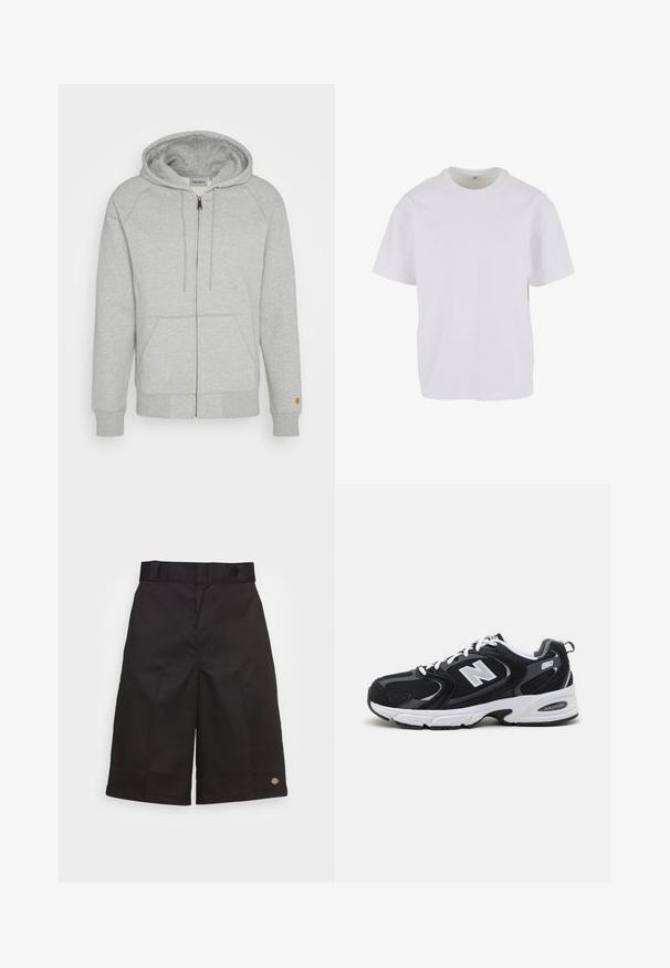 Graue Zip-Hoodie aus weichem Baumwollmix, mit Kapuze, Vordertaschen, gerippten Bündchen und Saum sowie einem goldenen Logo-Detail am Ärmel.; Weißes kurzärmeliges T-Shirt aus weicher Baumwolle, mit rundem Ausschnitt und lockerer Passform sowie geradem Saum. Keine Muster oder Akzente sichtbar.; Schwarze Baumwollshorts mit geradem Schnitt, knielang, mit sichtbar eingesticktem Markenzeichen am Saum und einer glatten Textur.; Schwarze und graue Sportschuhe mit Obermaterial aus Mesh und Wildleder, ausgestattet mit einer weißen Zwischensohle, Schnürsenkeln und einem markanten "N"-Logo an der Seite.
