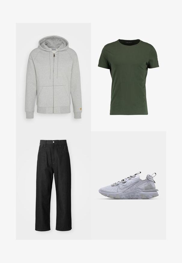 Sudadera gris con cremallera en una mezcla suave de algodón, que incluye capucha, bolsillos delanteros, puños y dobladillo acanalados, con un acento de logo dorado en la manga.; Camiseta de algodón de color verde oscuro con cuello redondo clásico, mangas cortas y una textura suave. Diseño simple y sin adornos.; Pantalones de mezclilla negros con un corte relajado, cintura alta, cierre de cremallera y diseño de cinco bolsillos. Costuras visibles que realzan el diseño.; Zapatilla deportiva de color gris claro con parte superior de malla transpirable, suela de goma texturizada y acentos reflectantes. Cuenta con un cuello acolchado y diseño de cordones.