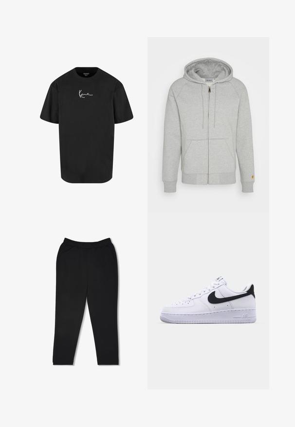 Graue Zip-Hoodie aus weichem Baumwollmix, mit Kapuze, Vordertaschen, gerippten Bündchen und Saum sowie einem goldenen Logo-Detail am Ärmel.; Schwarzes Baumwoll-T-Shirt mit kurzen Ärmeln, Rundhalsausschnitt und einem weißen Signaturlogo, das auf der Vorderseite gedruckt ist. Glatte Textur und lässige Passform.; Schwarze, gerade geschnittene Hosen aus glattem Stoff mit elastischem Bund und Seitentaschen, die über saubere Nähte und kein sichtbares Muster verfügen.; Weißes Leder-Sneaker mit einem strukturierten schwarzen Swoosh, flachen Schnürsenkeln und einer Gummisohle mit genoppetem Muster. "AIR" ist auf der Ferse eingeprägt.