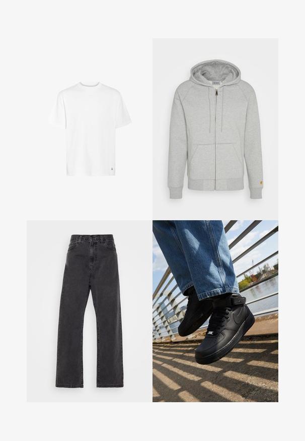Sudadera gris con cremallera en una mezcla suave de algodón, que incluye capucha, bolsillos delanteros, puños y dobladillo acanalados, con un acento de logo dorado en la manga.; Camiseta de algodón blanca con escote redondo, mangas cortas y dobladillo recto. Presenta un pequeño detalle de logo en la esquina inferior.; Jeans de mezclilla negra con un diseño de pierna recta, cintura alta y estilo clásico de cinco bolsillos. Presentan un acabado limpio y costuras duraderas.; Zapatillas Nike Air Force 1 negras con parte superior de cuero, lengua de malla y suela de goma, que presentan un diseño de caña alta y cordones gruesos.
