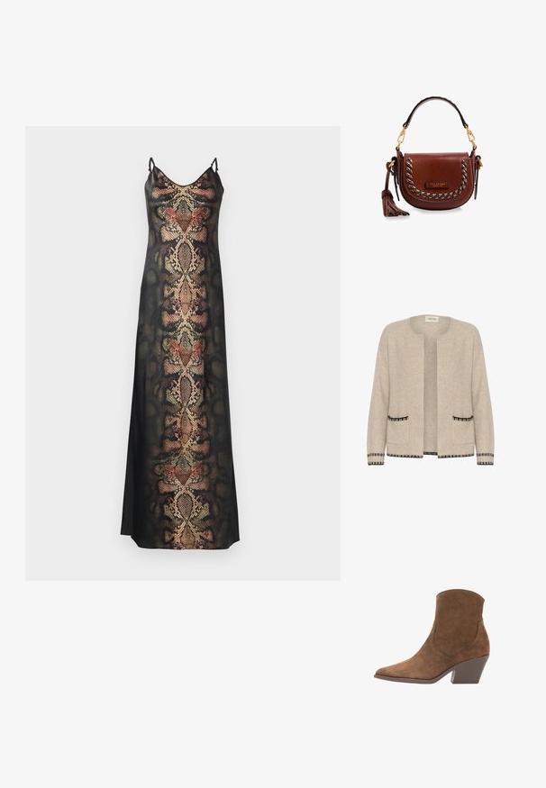 Cream CRONIE - Vest - string black; Zwarte slipdress met een slangenhuidpatroon in aardetinten en metallic accenten, met dunne verstelbare bandjes en een gladde textuur.; Bruine suède enkellaars met puntige neus en schuine blokhak, geen veters of zichtbare sluitingen, zijaanzicht op witte achtergrond.; Bruine leren crossbodytas met metalen studs, bovenhandvat, tassel-detail en goudkleurige hardware.