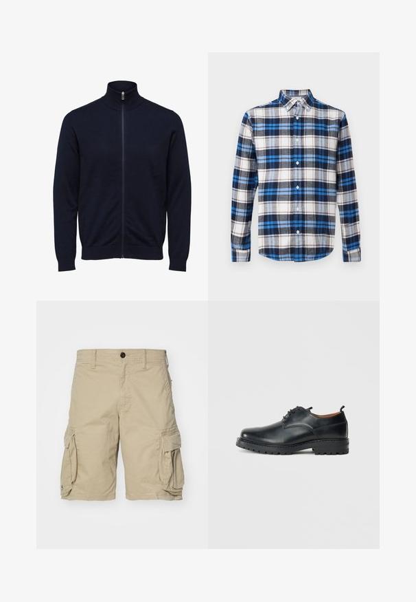 Marineblauwe trui met volledige rits, hoge kraag en lange mouwen, geribbelde boorden en zoom, getoond op witte achtergrond.; Lang еёруigende geruite blouse in blauw, grijs en wit, met een button-down kraag en een rechte zoom, gemaakt van een zachte stof met een gestructureerde afwerking.; Beige cargoshorts van katoen met zijzakken, een knoopsluiting en een recht gesneden ontwerp. Zachte textuur.; Zwarte leren derby schoenen met een gladde textuur, ronde neus, vetersluiting en een dikke, robuuste rubberen zool.