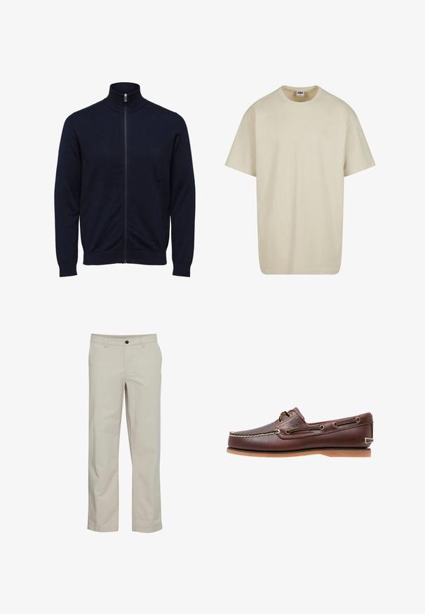 Navyblå hættejakke med høj krave og lange ærmer, ribstrikkede manchetter og kant, vist på hvid baggrund.; Lysebeige bomulds-T-shirt med korte ærmer, rund halsudskæring og løs pasform. Stoffet fremstår glat uden synlige mønstre eller accenter.; Beige bomuldsbukser med lige ben, frontlommer og enkelt knaplukning. Glat tekstur og minimale syningsdetaljer.; Brun læder bådsko med hvide sømme, snøre detaljer og lysbrun gummisål, vist fra siden på hvid baggrund.