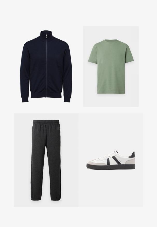 Navyblå hættejakke med høj krave og lange ærmer, ribstrikkede manchetter og kant, vist på hvid baggrund.; Enkel grøn T-shirt med korte ærmer og rund hals, vist fladt på en hvid baggrund.; Grå sweatpants lavet af blødt stof, med elastisk talje og indsnævrede ben med elastiske manchetter. Subtilt logo detalje på det ene ben.; Hvide sneakers med sorte og grå detaljer, med en tekstureret grå tåhætte, sort gummisål og flade hvide snørebånd. Rent design, minimalistisk stil.