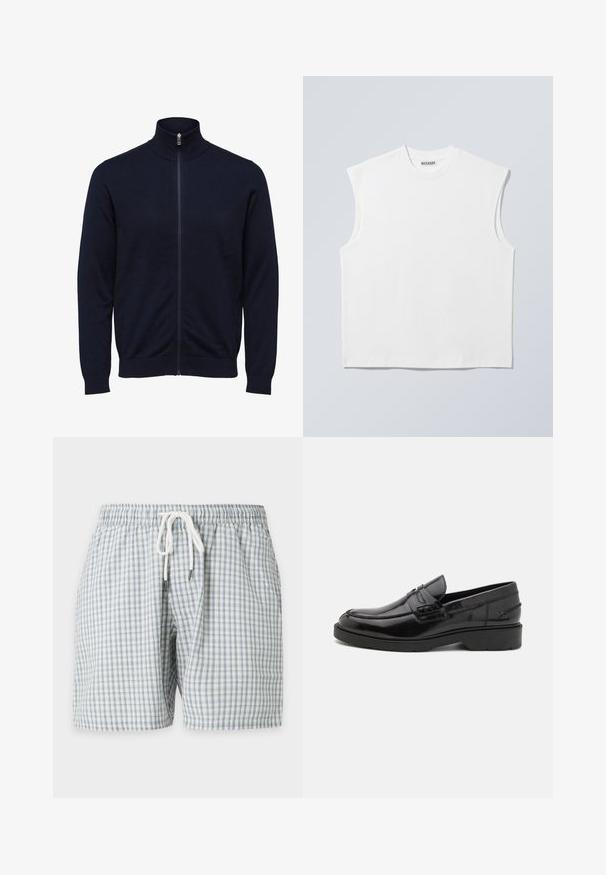 Pull bleu marine avec fermeture éclair intégrale, col montant et manches longues, poignets et ourlet côtelés, présenté sur fond blanc.; Haut blanc sans manches en coton à col rond avec épaules structurées, marqué "WEEKDAY" sur l'étiquette du col, présenté sur un fond gris clair.; Shorts pour hommes à carreaux bleu clair et blanc avec taille élastique et cordon blanc à nouer à l'avant.; Mocassins en cuir noir avec une finition lisse, un bout rond, un petit talon et descoutures décoratives à l'avant. Semelle en caoutchouc pour l'adhérence.