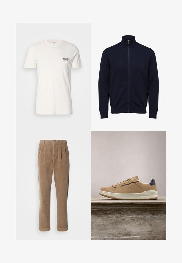 Navyblå hættejakke med høj krave og lange ærmer, ribstrikkede manchetter og kant, vist på hvid baggrund.; Bomulds T-shirt i off-white, med rund halsudskæring, korte ærmer og et lille sort og grønt grafik på venstre bryst.; Brune fløjlsbukser med høj talje, der har frontfolder, knaplukning og lige ben. Den strukturerede stof er synlig.; Beige ruskinds sneakers med hvid gummisål, featuring beige snørebånd, navy-blue accenter og perforerede detaljer på tåboksen.
