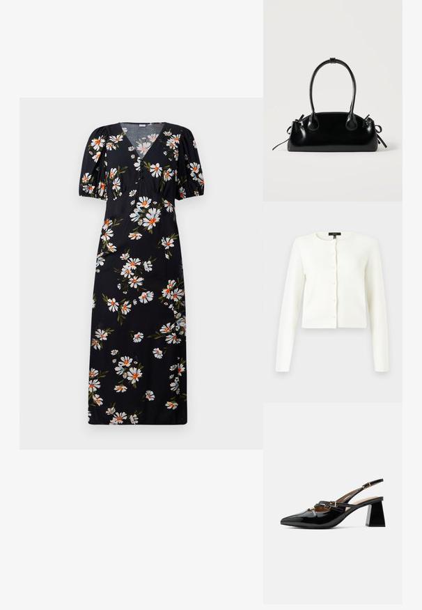 Cardigan cropped à manches longues blanc avec un col rond et des boutons ressemblant à des perles sur le devant, sur un fond uni.; Robe longue noire à manches bouffantes, présentant un motif floral blanc et orange. Design à col en V avec des détails froncés au niveau de la poitrine.; Chaussure slingback en cuir verni noir avec bout pointu, double brides fines avec boucles dorées et talon bloc épais.; Petit sac à main noir brillant avec deux longues anses et des détails à cordon sur les côtés sur un fond clair uni.