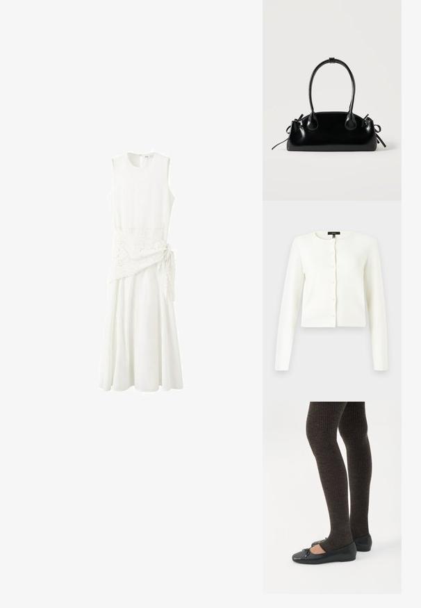 Cardigan cropped à manches longues blanc avec un col rond et des boutons ressemblant à des perles sur le devant, sur un fond uni.; Robe midi blanche sans manches avec col rond et détail asymétrique brodé en forme de cache-cœur noué sur le côté.; Jambes portant des leggings côtelés foncés associés à des ballerines noires avec de petits détails en nœud sur fond blanc.; Petit sac à main noir brillant avec deux longues anses et des détails à cordon sur les côtés sur un fond clair uni.