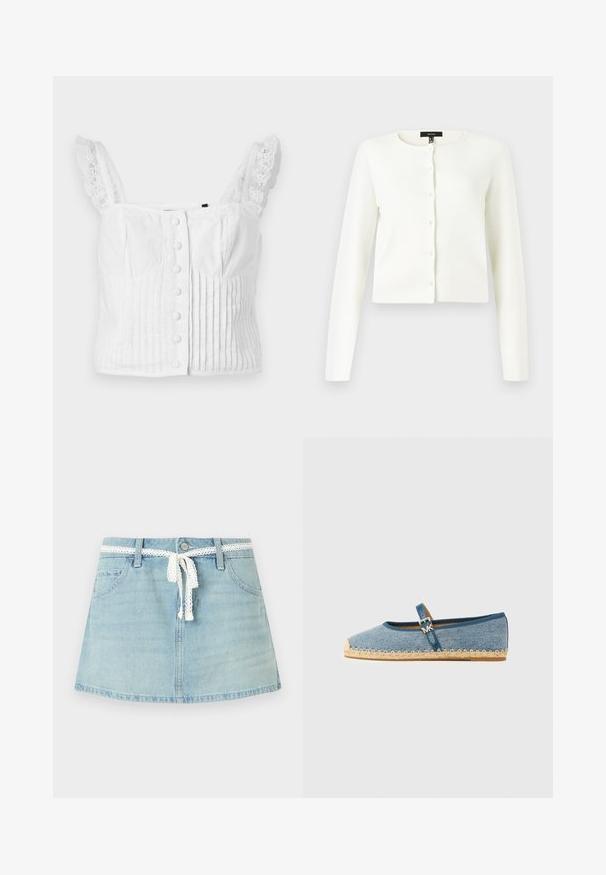 Cardigan cropped à manches longues blanc avec un col rond et des boutons ressemblant à des perles sur le devant, sur un fond uni.; Haut court sans manches blanc avec boutons à l'avant, plis verticaux et bretelles bordées de dentelle.; Mini-jupe en denim bleu clair avec poches avant, passants pour ceinture, fermeture par boutons et ceinture en dentelle blanche nouée à la taille.; Chaussure plate en denim avec une lanière et une boucle en métal, bout arrondi, semelle en corde de jute et détails cousus, de couleur bleu clair.