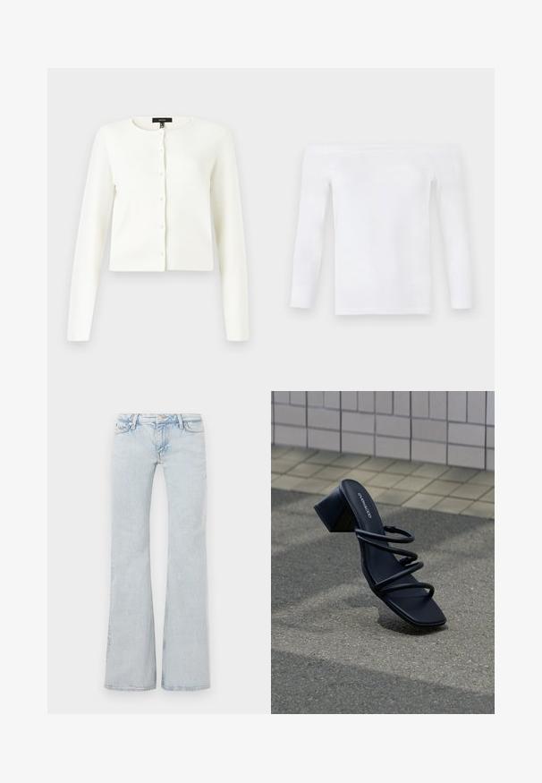 Cardigan cropped à manches longues blanc avec un col rond et des boutons ressemblant à des perles sur le devant, sur un fond uni.; Haut blanc à manches longues, dénudé des épaules, en tissu doux, avec une coupe ajustée, une texture lisse et des coutures minimales.; Jean flare bleu clair en denim. Doté d'une taille avec bouton en métal, d'un design à cinq poches et d'un délavage subtil sur l'ensemble.; Sandale noire à bout carré, trois fines brides et talon bloc sur un trottoir près d'un mur carrelé.