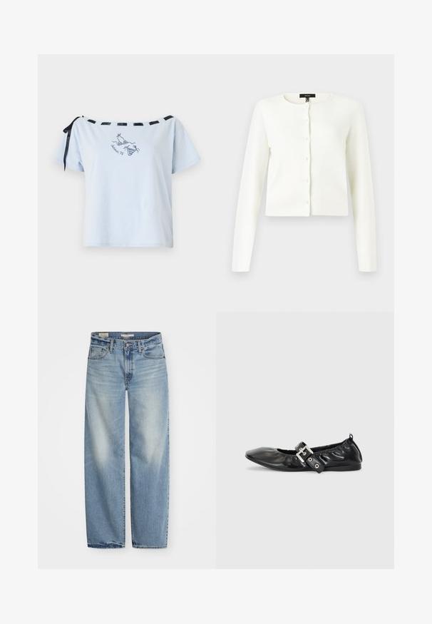 Witte langemouwen cropped cardigan met ronde halslijn en parelachtige knopen aan de voorkant op een effen achtergrond.; Lichtblauwe t-shirt met korte mouwen en off-shoulder ontwerp, zwarte satijnen lintaccenten en geborduurd "Summer 98" grafiek. Zacht katoenmateriaal.; Lichtblauwe wijde spijkerbroek van denim. Kenmerken zijn een knoop- en ritssluiting, vijf zakken en een vervaagde afwerking met een iets versleten zoom.; Zwarte leren platte schoen met een spitse neus, geplooide details rond de opening en een zilveren gespaccentueerde verstelbare band.