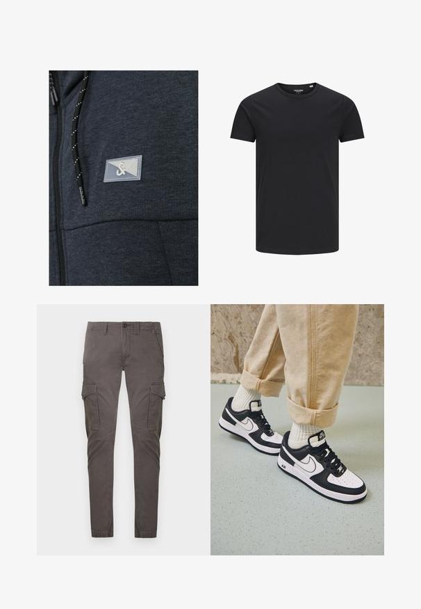 Sudadera con cremallera en azul marino, con tejido texturizado, presenta un parche de logo claro y un cordón negro con acentos blancos.; Camiseta de algodón negra con cuello redondo, mangas cortas y un diseño sencillo. Textura suave, sin patrones ni herrajes visibles.; Pantalones cargo de corte ajustado para hombre en gris oscuro, con múltiples bolsillos con solapa, cierre de botones, trabillas para cinturón y puños elásticos.; Zapatillas Nike Air Force 1 en blanco y negro con parte superior de cuero, puntera perforada y detalle de suela texturizada, combinadas con pantalones beiges remangados y calcetines blancos.