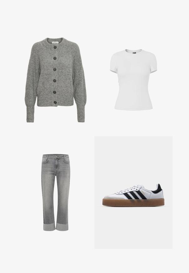 Grå strikket cardigan med rund halsudskæring, frontknaplukning med seks mørke knapper og ribbede manchetter; det strukturerede stof giver varme.; Plain hvid tætsiddende T-shirt med korte ærmer og rund hals, vist på en hvid baggrund.; Grå denim jeans med lige ben, med foldet kant. Klassisk fem-lommestil og lukning med knap foran.; Hvide lædersneakers med sorte striber, gummirubber sål, rund tå, snørelukning og blød grå ruskinds tåhætte.