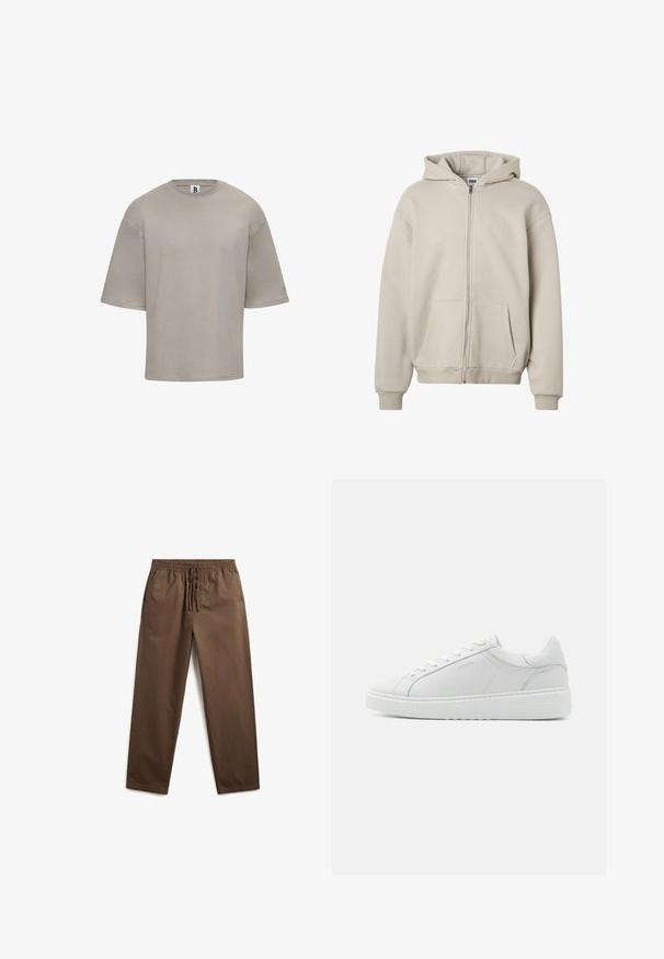 Beige ritsvest met voorzakken, geribbelde boorden en zoom, en een capuchon, weergegeven op een effen witte achtergrond.; Korte mouwen, ronde hals t-shirt van lichtbeige katoen. Heeft een relaxte pasvorm, een gladde textuur en subtiele branding op de mouw.; Bruine, relaxed-fit broek met een koord in de taille, een gladde textuur en zijzakken. Eenvoudig ontwerp met rechte pijpen.; Witte lederen sneaker met een gladde textuur, ronde neus, laag profiel ontwerp en subtiele branding aan de zijkant. Gevoerde kraag en veters.