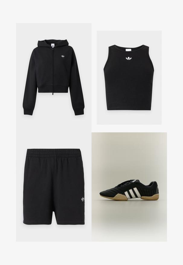 adidas Originals Jaka ar rāvējslēdzēju - black; Melnā ribota bez piedurknēm crop top ar apaļu kakla izgriezumu un mazu baltu Adidas trefoil logotipu centrā pie apkakles.; Melni sporta šorti ar elastīgu jostu, uz kreisās kājas maza balta Adidas trefoil logo, kā arī baltas svītras pa sāniem.; Melna sporta apavu ar baltām svītrām un bēša krāsas teksturētu zoli uz neitrāla fona, attēlots sānu profilā.