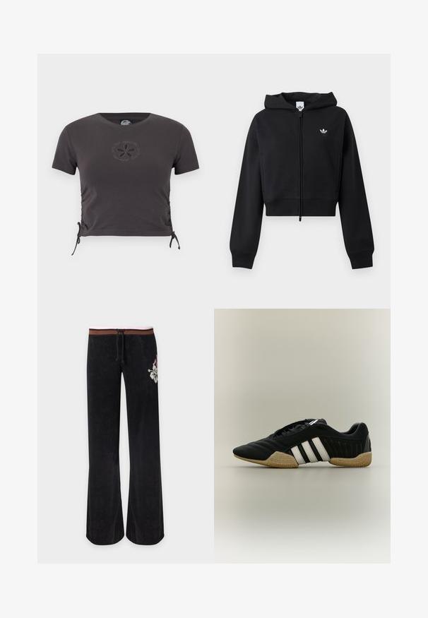 adidas Originals Φούτερ με φερμουάρ - black; Σκούρο γκρι κομμένο κοντομάνικο μπλουζάκι με στρογγυλή λαιμόκοψη, πλαϊνά κορδόνια και μικρό κεντητό σχέδιο λουλουδιού στο στήθος.; Μαύρο παντελόνι με φαρδιά μπατζάκια, καφέ και ροζ ριγέ ζώνη, κορδόνι και λευκή κεντητή ανθοδέσμη στο δεξί ισχίο.; Μαύρο αθλητικό παπούτσι με λευκές ρίγες και μπεζ υφασμένο πάτο σε ουδέτερο φόντο, εμφανίζεται σε πλαϊνή όψη.