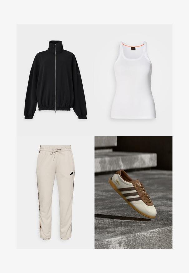 Musta vetoketjullinen takki, jossa korkea kaulus, pitkät hihat, joustavat hihansuut ja helma sekä hienovarainen Adidas-logo vasemmassa hihassa.; Valkoinen ribbineuloksinen toppi, jossa on pyöreä pääntie, kapeat olkaimet ja oranssi korostus sisäpuolella pääntiessä. Brändin logo näkyvissä.; Hupparusikka vaaleanbeige, pehmeästä kankaasta valmistettu, jossa on naru vyötäröllä ja mustat sivupaneelit, joissa on leopardikuosis. ; Valkoinen ja ruskea Adidas Gazelle -tennari kuminauhapohjalla kelluu kivisten portaiden ja maan yllä ulkoilmassa.