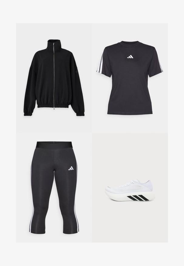 Čierna bunda na zips s vysokým golierom, dlhými rukávmi, elastickými manžetami a lemom a nenápadným logom Adidas na ľavom rukáve.; Čierne športové tričko vyrobené z mäkkého materiálu, s klasickým okrúhlym výstrihom, krátkymi rukávmi a tromi bielymi pruhmi na každom ramene. Biely logo na hrudi.; Čierne capri legíny s širokým pásom, so bielymi bočnými pruhmi a bielym logom Adidas na ľavom stehne. Hladká textúra.; Biela športová topánka s hrubou podrážkou, čierne diagonálne pruhy na strednej podrážke, sieťovinový zvršok a šnúrky, zobrazená zboku na obyčajnom pozadí.