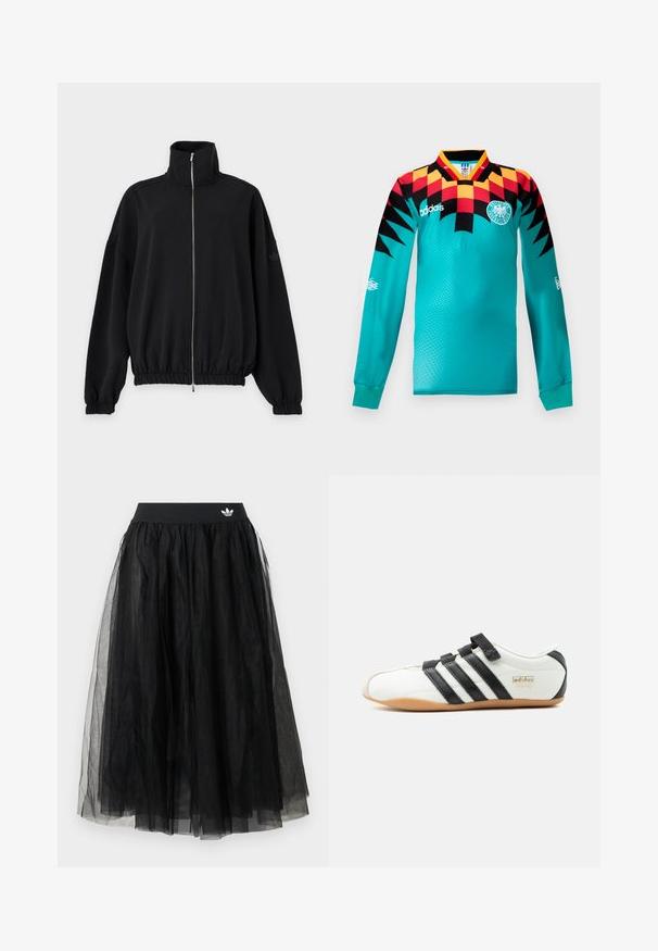 Sort jakke med lynlås, høj krave, lange ærmer, elastiske manchetter og kant, samt et diskret Adidas-logo på venstre ærme.; Langærmet turkis fodboldtrøje med rød, sort og gul ternet mønster på skuldrene, Adidas-logo og Deutscher Fußball-Bund emblemet.; Sort tylskørt med bred elastisk linning med hvidt logo. Skørtet har et lagdelt design, der skaber en voluminøs form.; Hvid Adidas Tokyo sneaker med sorte striber, sorte velcro-stropper og gummisål, vist fra siden på en hvid baggrund.