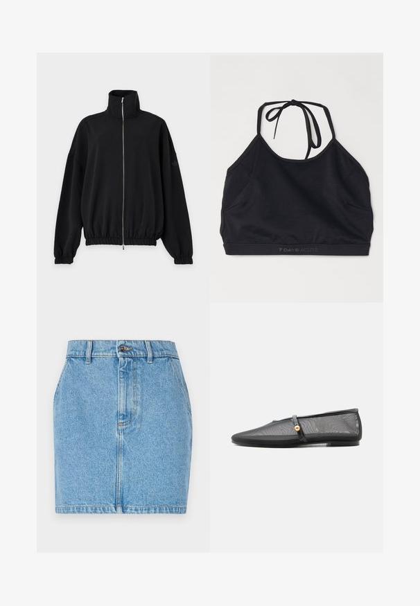 Veste noire zippée avec col montant, manches longues, poignets et ourlet élastiques, et logo Adidas discret sur la manche gauche.; Top court noir en tissu extensible. Doté d'un design à dos noué, col plongeant et d'un logo discret le long de l'ourlet.; Jupe en denim bleu clair, avec un design ajusté, un style à cinq poches et des coutures contrastées. Le matériau a une finition texturée.; Chaussure plate noire avec un petit talon, tige en mesh et fine bride avec détail bouton doré sur le cou-de-pied.