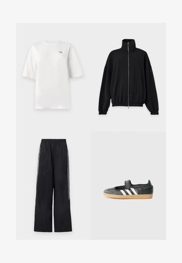 Sort jakke med lynlås, høj krave, lange ærmer, elastiske manchetter og kant, samt et diskret Adidas-logo på venstre ærme.; Hvid t-shirt lavet af bomuld, med korte ærmer og rund hals. Et lille grønt logo er placeret på venstre brystområde.; Sorte trackpants med vide ben, elastisk talje og tre hvide striber på hver side af benene.; Sort læder- og ruskinds sneakers med en Velcro-rem, der har tre hvide striber og en gummisål, mærket "SAMBA" på siden.