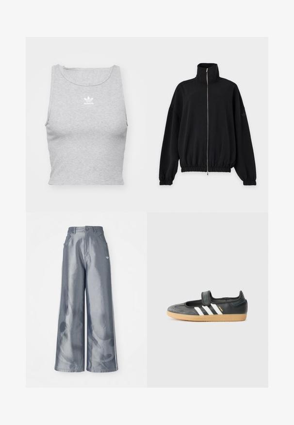 Čierna bunda na zips s vysokým golierom, dlhými rukávmi, elastickými manžetami a lemom a nenápadným logom Adidas na ľavom rukáve.; Šedý, bezrukávový crop top vyrobený z jemnej látky, s okrúhlym výstrihom a malým bielym logom Adidas na hrudi.; Široké nohavice z lesklého šedého materiálu, s bielymi bočnými pruhmi a plamenným vzorom na dolnej časti nohavíc. Zapínanie na gombík a zips v páse.; Čierne kožené a zamšové tenisky s Velcro pásikom, s tromi bielymi pruhmi a gumenou podrážkou, označené nápisom "SAMBA" na boku.