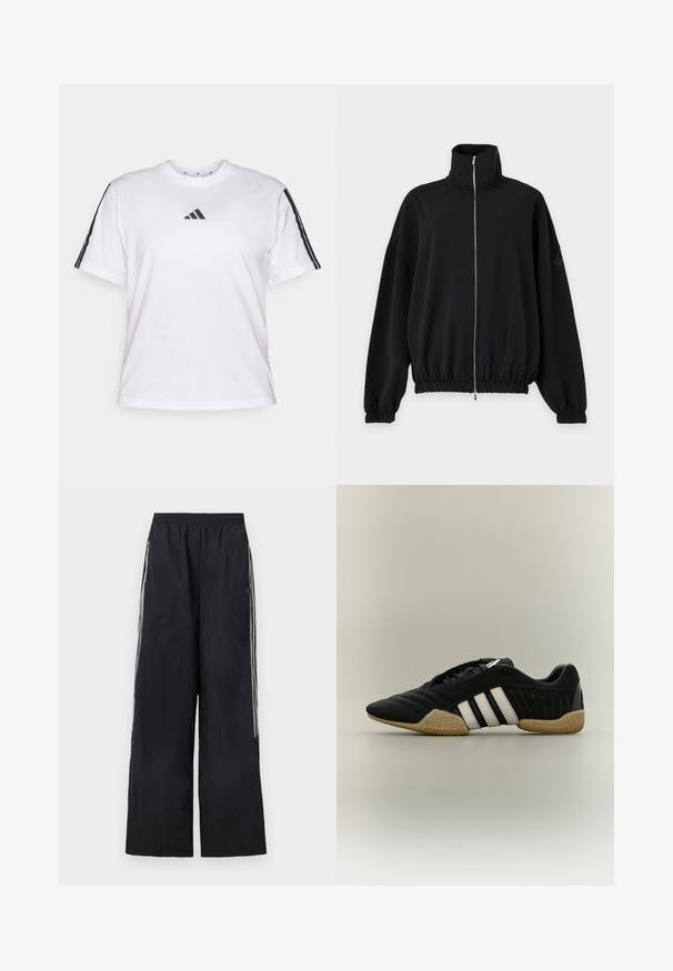Čierna bunda na zips s vysokým golierom, dlhými rukávmi, elastickými manžetami a lemom a nenápadným logom Adidas na ľavom rukáve.; Biela bavlnená tričko s okrúhlym výstrihom, krátkymi rukávmi a čiernymi trojprúžkovými akcentmi na pleciach so značkou Adidas na hrudi.; Čierne široké teplákové nohavice s elastickým pásom a tromi bielymi pruhmi na boku každej nohavice.; Čierna športová obuv s bielymi pruhmi a béžovou textúrovanou podrážkou na neutrálom pozadí, zobrazená zo strany.