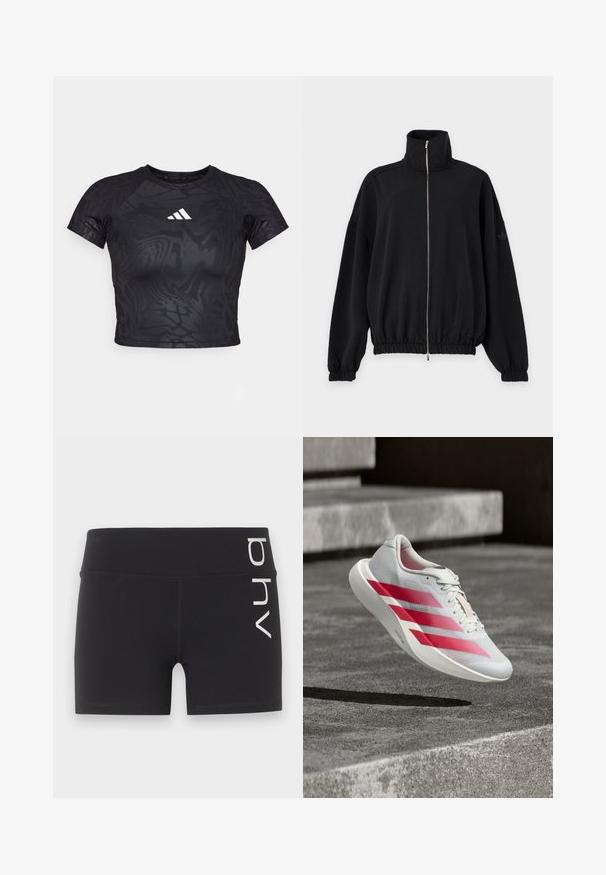 Sort jakke med lynlås, høj krave, lange ærmer, elastiske manchetter og kant, samt et diskret Adidas-logo på venstre ærme.; Sort cropped atletisk t-shirt med et struktureret mønster, korte ærmer og et hvidt logo på brystet. Materialet ser glat og fleksibelt ud.; Sorte tætsiddende sportsshorts med høj talje og hvidt lodret "bhv"-logo på højre side.; Hvid løbesko med tre markante røde striber, i luften over betontrin, der fremhæver letvægtsdesign og tekstureret sål.