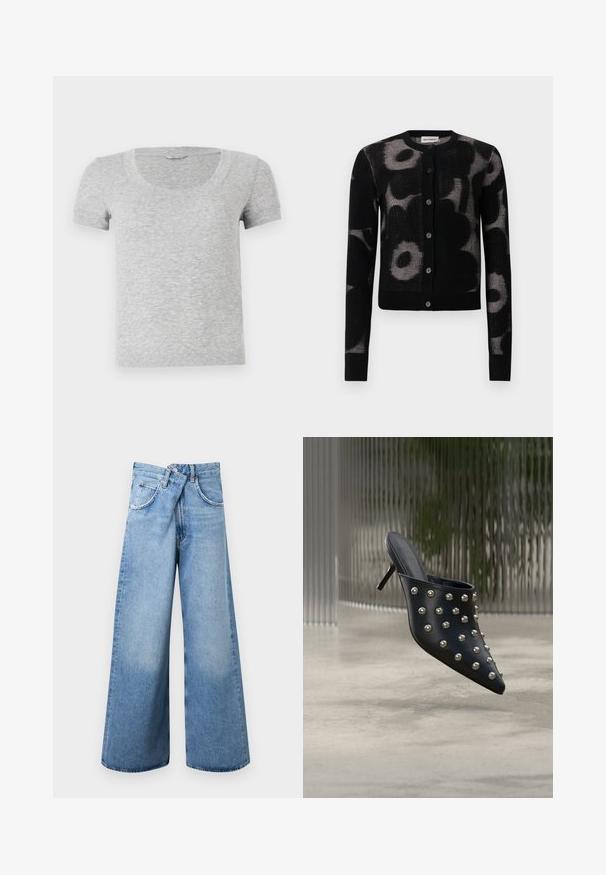 Cárdigan negro con un patrón floral en tonos grises, mangas largas, bordes acanalados y cierre frontal con cinco botones negros.; Camiseta gris de manga corta con cuello redondo, hecha de una tela suave y texturizada. Presenta un diseño de ajuste estándar y sencillos detalles de costura.; Vaqueros de mezclilla azul claro de pierna ancha con cintura alta, cierre de botones y diseño de cinco bolsillos, presentados planos sobre un fondo blanco.; Mula negra de punta puntiaguda con tacón pequeño, decorada con remaches redondos de plata espaciados uniformemente en la parte superior.