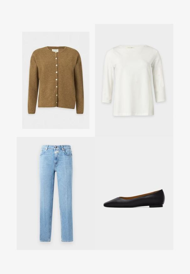 Brun langærmet uldcardigan med rund hals og hvide knapper foran, vist på en ensfarvet lys baggrund.; Hvid langærmet skjorte med rund halsudskæring, vist på en ensfarvet lys baggrund.; Lysblå denim-jeans med lige ben, fem-lomme design og metalknaplukning. Struktureret stof med minimal falming.; Sort læder flad sko med spids tå, lav hæl og glat finish, vist fra siden på en lysegrå baggrund.
