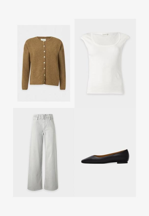 Cardigan en laine marron à manches longues avec col rond et boutons blancs à l’avant, présenté sur un fond clair uni.; Haut blanc sans manches côtelé avec un col rond et de petites épaulettes, présenté sur un fond clair uni.; Jean gris clair taille haute à jambes larges, avec poches avant, passants de ceinture et ceinture en tissu assortie avec boucle.; Chaussure plate en cuir noir à bout pointu avec talon bas et finition lisse, vue de côté sur un fond gris clair.