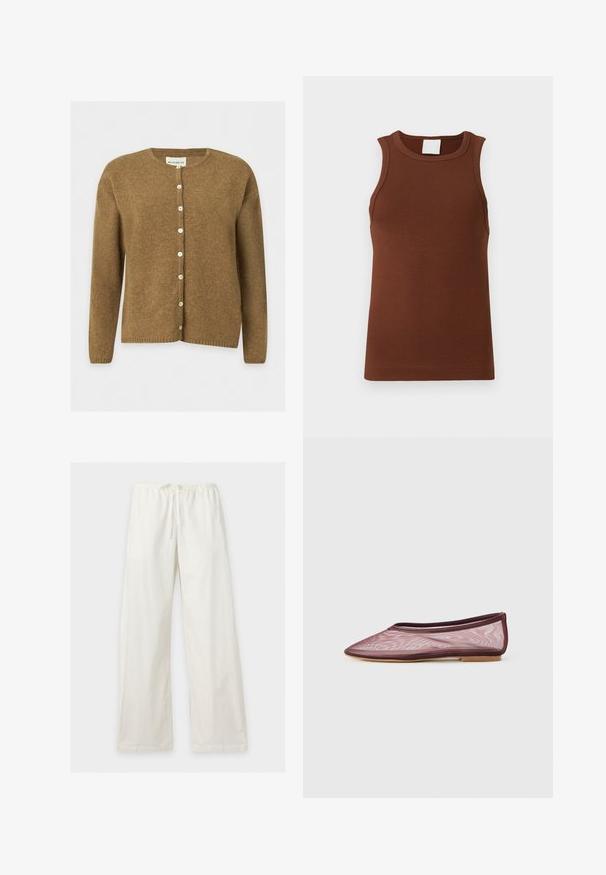 Cardigan en laine marron à manches longues avec col rond et boutons blancs à l’avant, présenté sur un fond clair uni.; Haut sans manches marron côtelé avec un col rond. Confectionné en tissu extensible, il présente une coupe ajustée et une texture unie.; Pantalon blanc à jambes larges avec taille élastique et cordon de serrage, présenté à plat sur un fond clair.; Ballet plat en maille bourgogne avec un bout pointu et une semelle fine, mettant en avant un design minimaliste et aéré.