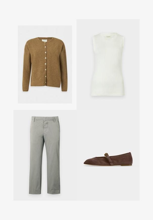 Cardigan en laine marron à manches longues avec col rond et boutons blancs à l’avant, présenté sur un fond clair uni.; Haut blanc sans manches en coton doux, avec un col rond et une silhouette ajustée. Texture lisse sans motifs ni accents visibles.; Chinos gris clair en coton, avec une coupe droite, des passants pour ceinture, des poches avant, et une braguette zippée avec fermeture par bouton.; Chaussure plate en daim marron avec bout pointu et bride à boucle dorée sur le côté, vue de profil sur fond blanc.