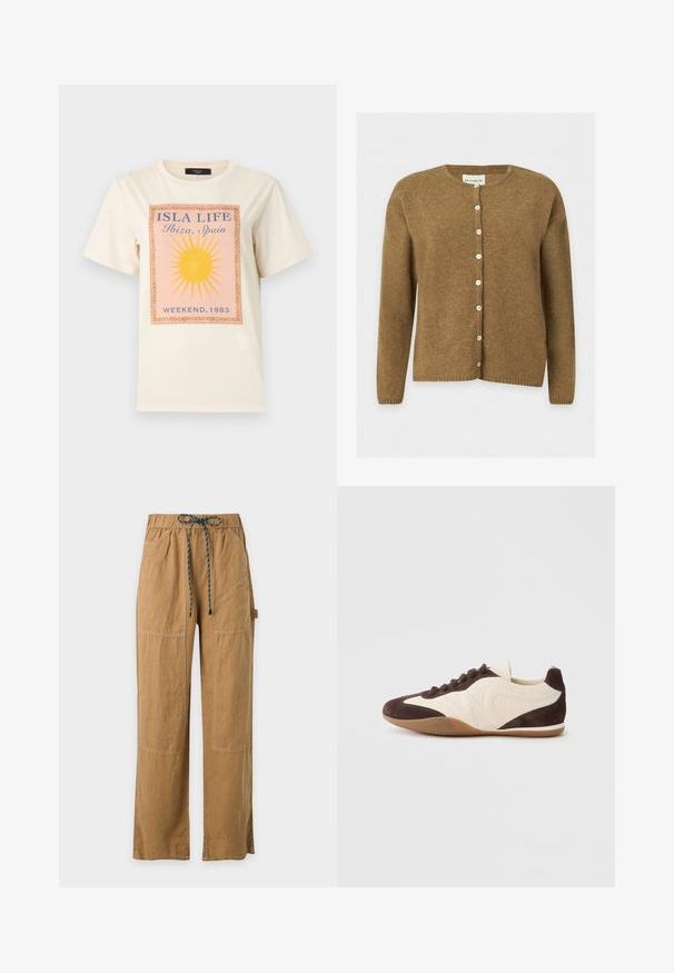 Cardigan en laine marron à manches longues avec col rond et boutons blancs à l’avant, présenté sur un fond clair uni.; T-shirt à manches courtes de couleur crème avec un graphisme de soleil jaune et le texte "ISLA LIFE Ibiza, Espagne WEEKEND, 1983" au centre devant.; Pantalon droit marron clair avec taille élastique et cordon foncé, poches avant et coutures visibles.; Baskets marron et crème présentant un mélange de matériaux texturés et lisses, profil bas, design à lacets, et semelle en caoutchouc.