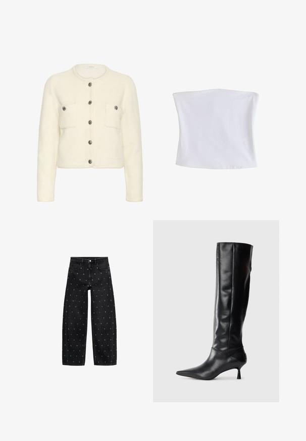 Hvid cropped cardigan lavet af blødt stof med to forlommer, seks knapper og teksturerede detaljer langs kanterne.; Enkelt hvidt stropløst tube top med en lige halsudskæring og tætsiddende form, vist mod en hvid baggrund.; Sorte denim bukser med lige ben med metaløjeudsmykning jævnt fordelt på stoffet, med forlommer og bæltestropper.; Sorte læder knæhøje støvler med spids tå og slank buet hæl. Glat tekstur, tætsiddende design og ingen synlig hardware eller mønstre.