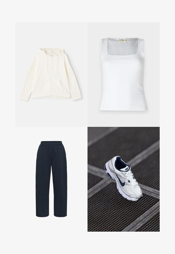 Sweat à capuche crème avec fermeture éclaire, cordon de serrage, poches avant, manches larges et poignets côtelés. Fabriqué en tissu doux et texturé.; Débardeur blanc à encolure carrée fabriqué en tissu lisse. Présente des bretelles larges et une silhouette ajustée. Aucune motif ou ornement visible.; Kaffe KASIF - Pantalon de survêtement - midnight marine; Chaussure de course Nike en blanc et bleu marine, avec une tige en mesh texturé, une semelle rembourrée et un logo distinctif sur le côté.