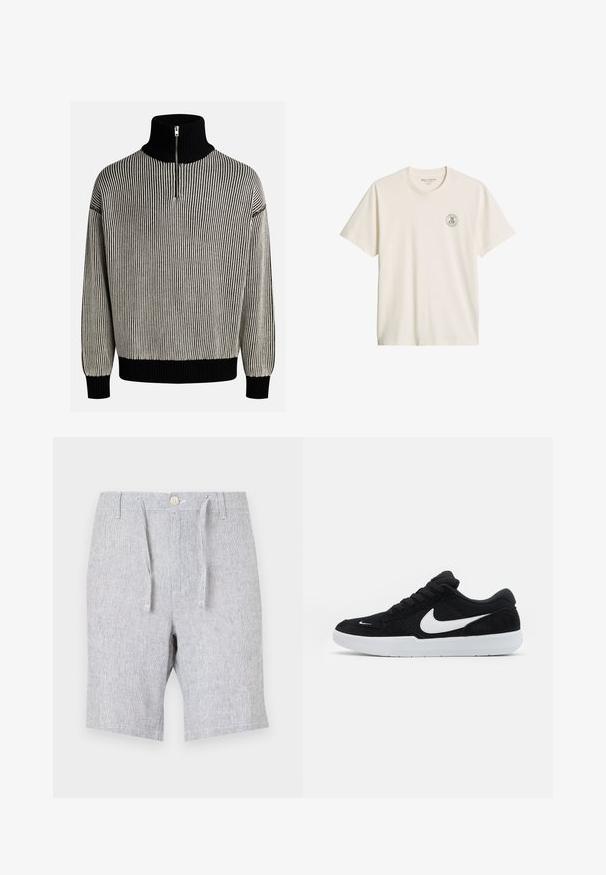 Stribet sweater i sort og creme med høj krave, lynlås lukning, ribbede manchetter og kant. Blød tekstur med en løs pasform og brede ærmer.; Off-white t-shirt med korte ærmer og rund halsudskæring med lille cirkulært "M OP" logo trykt på venstre bryst.; Lys grå shorts lavet af struktureret stof, med snoretræk og knaplukning, to sidelommer og lige ben design.; Sorte ruskindssneakers med hvide accenter, der har en rund tå, tyk hvid sål og sorte snørebånd. Fremtrædende hvidt Nike-logo på siden.