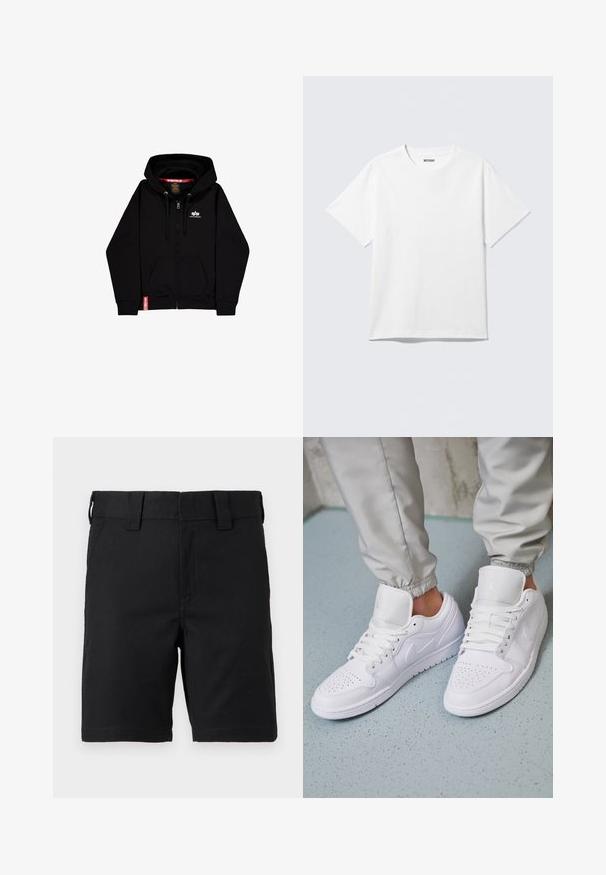 Haut à zip noir en mélange de coton, avec une poche frontale, un logo blanc sur la poitrine gauche et une étiquette rouge en accent au bas.; T-shirt blanc à manches courtes et col rond, étalé à plat, design uni, avec l'étiquette "WEEKDAY" à l'intérieur du col sur un fond clair.; Shorts noirs mi-genoux avec passants de ceinture et poches avant, fabriqués en tissu robuste, présentés sur fond blanc.; Des baskets en cuir blanc présentent une zone de perforation à l'avant, des lacets plats, un col rembourré et le logo Jordan sur la languette. Portées avec un pantalon de jogging gris.