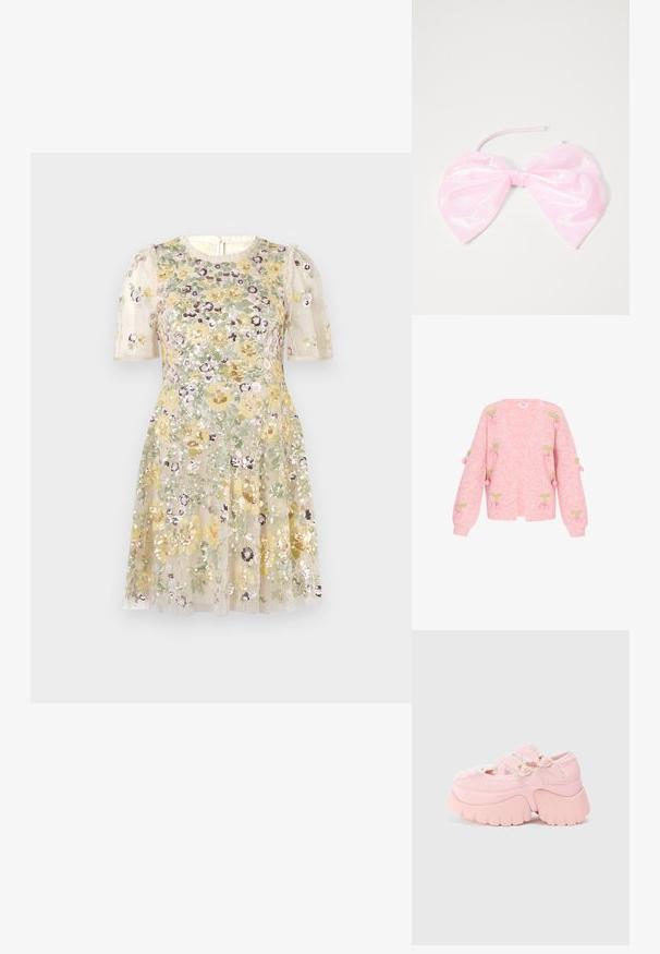 Cárdigan de punto rosa con escote en V, mangas largas y motivos bordados de cerezas con hojas verdes. Textura suave y corte relajado.; Needle & Thread ELINA ROSE SHORT SLEEVE MINI DRESS - Vestido de fiesta - cream; Zapato de plataforma gruesa en color rosa con doble hebilla en forma de corazón, bordes de encaje y suela gruesa esculpida, sobre un fondo blanco liso.; Accesorio para el cabello de color rosa y brillante con forma de gran lazo, con una textura suave y una delgada correa para asegurarlo en su lugar.