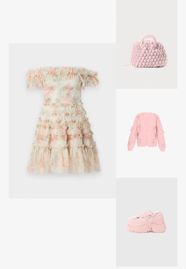 Cardigan tricoté rose avec un col en V, des manches longues et des motifs de cerises brodées avec des feuilles vertes. Texture douce et coupe décontractée.; Robe décolletée en crème claire avec des volants superposés et des détails floraux roses. Elle dispose de bandes élastiques froncées pour un look texturé.; Bottines chunky à plateforme rose avec des boucles en forme de cœur double, un bord en dentelle et une semelle épaisse sculptée sur un fond blanc uni.; Sac à main en pompon rose texturé avec une poignée tressée et une fine sangle. Forme ronde, surface douce, design compact.