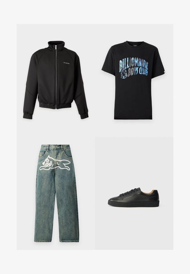 Sort lynlåstrøje med høj krave, elastiske ærmegab og kant, med lille hvid tekst på venstre bryst, der læser "HAN KJØBENHAVN."; Sort bomuld t-shirt med et blåt og sølvfarvet motiv af "Billionaire Boys Club" med astronautdesign. Kortærmet, rund hals.; Lyseblå denimjeans med en løs pasform, der har et stort hvidt kattegrafik på venstre ben og et traditionelt femlomme-design.; Sorte lavtop lædersneakers med tekstureret overflade, sorte snørebånd og tyk gummisål, vist fra siden på en lys baggrund.