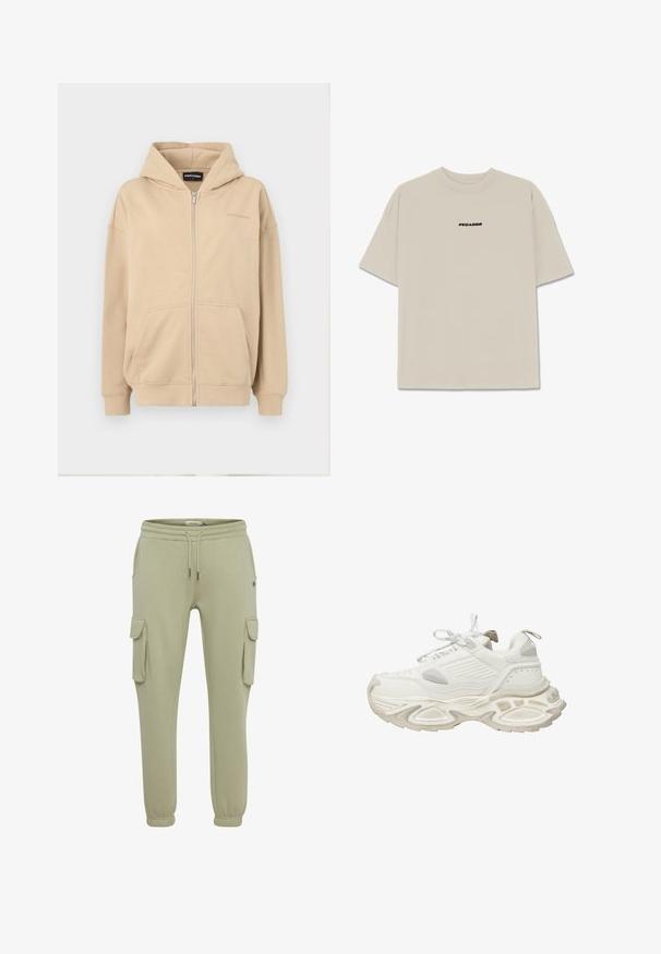 Beige lynlås hættejakke med hætte, frontlommer og ribbede manchetter. Lavet af blødt stof, har en diskret logo på brystet.; Lys beige bomulds t-shirt med korte ærmer, afslappet pasform og et sort "PEGADOR" logo trykt på fronten. Glat tekstur, rund hals.; Lysgrønne cargo-sweatpants lavet af blødt stof, med sidelommer, elastiske cuffs og en snøre i taljen for justerbar pasform.; Hvide atletiske sneakers med strukturerede overlays, snørebånds lukning, en tyk sål og en trækstrop ved hælen, der har subtile brandingdetaljer.