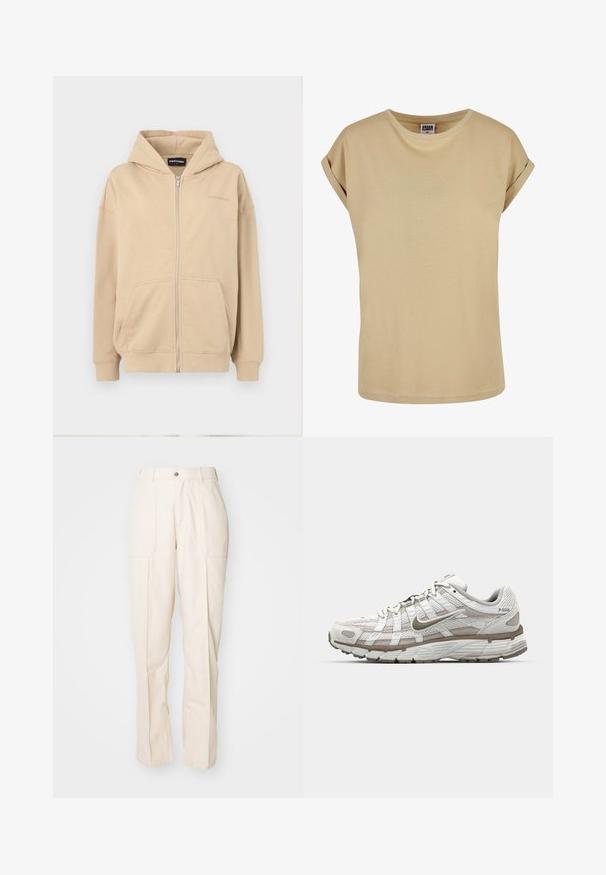 Sudadera con cremallera en color beige, con capucha, bolsillos frontales y puños de canalé. Hecha de una tela suave, presenta un sutil logo en el pecho.; Camiseta de manga corta color beige con cuello redondo y mangas vueltas. Fabricada en una tela suave con una textura lisa, presenta detalles de costura discretos.; Pantalones beige de pierna recta fabricados en una mezcla de algodón. Presentan dos bolsillos frontales, un cierre de botón y detalles de costura visibles.; Zapatilla deportiva blanca con parte superior de malla, acentos marrón claro y una suela acolchada. Presenta un cierre con cordones y texto en el costado.
