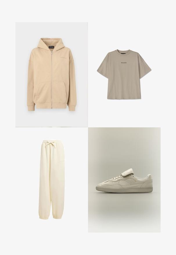 Haut à capuche beige zippé avec capuche, poches avant et poignets côtelés. Fait en tissu doux, il présente un logo subtil sur la poitrine.; T-shirt en coton beige avec une coupe surdimensionnée, des manches courtes, un col rond et le texte noir centré "PEGADOR". Pas de motifs ni de détails supplémentaires.; Pantalons de survêtement beige, amples, en matériau doux. Dotés d'une taille élastique avec cordon de serrage et de poignets élastiqués aux chevilles.; Basket basse blanche avec semelle texturée, laçage avant, languette rembourrée et marquage doré discret sur le côté, présentée sur un fond neutre.